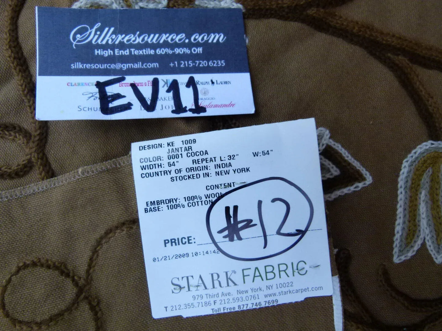 42 Ev11 Scalamandre Showroom Sample 35"x28" Jantar Cocoa Brown Green Floral Crewel Embroidery Cotton Wool #12