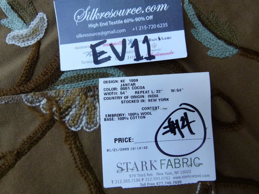 44 Ev11 Scalamandre Showroom Sample 35"x28" Jantar Cocoa Brown Green Floral Crewel Embroidery Cotton Wool #14