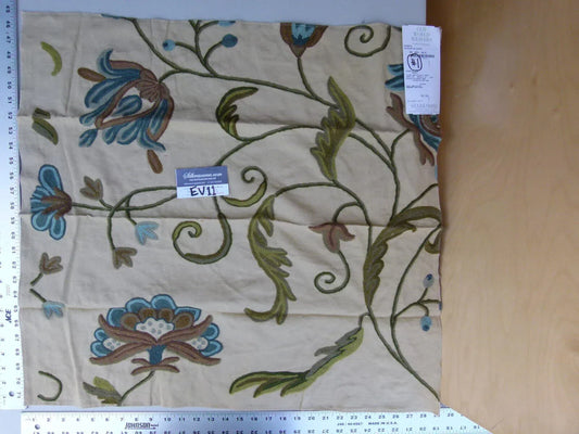 45 Ev11 Scalamandre Showroom Sample Square Pandya Bluejay Taupe Crewel Embroidery Floral #1