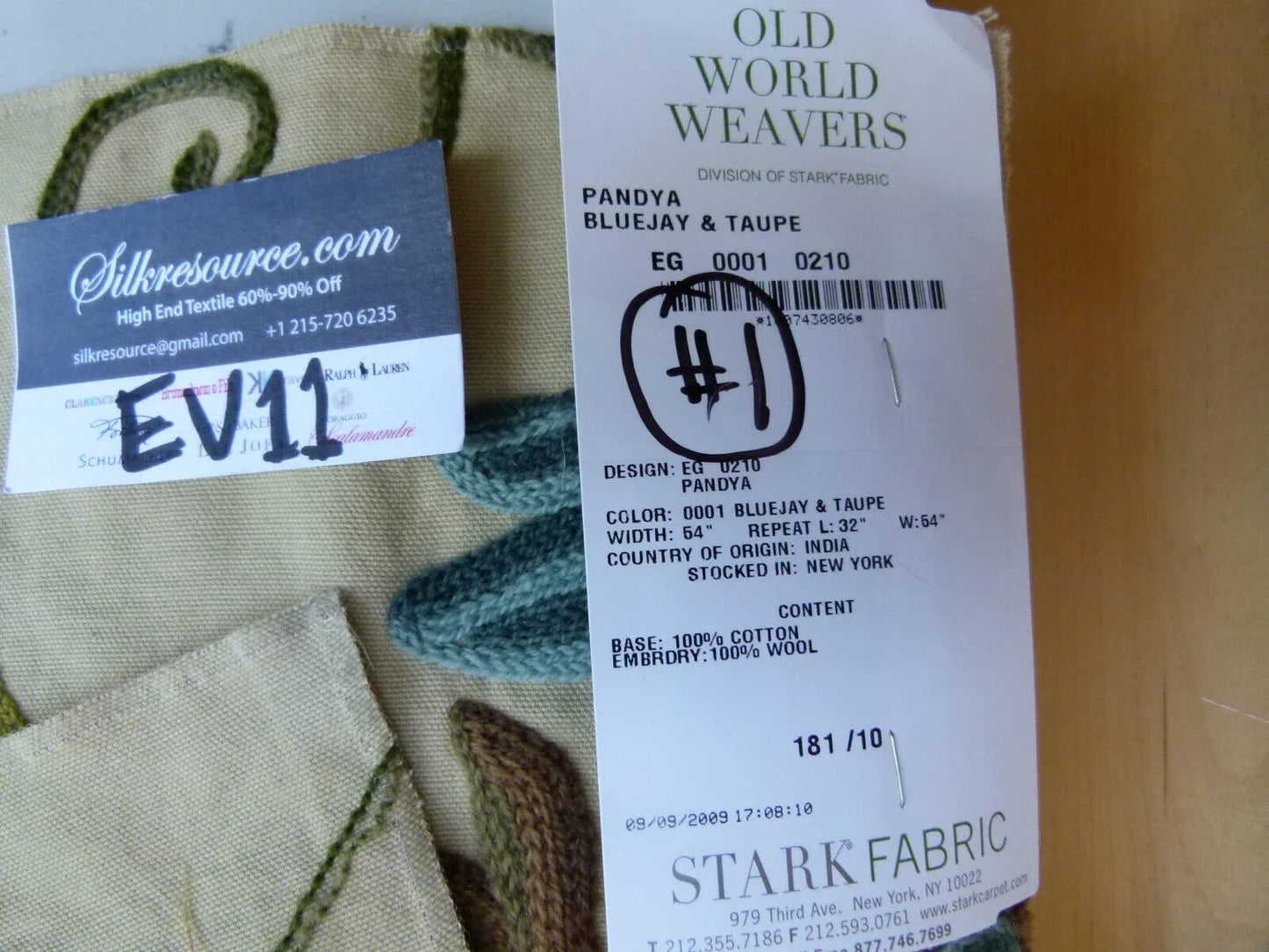 45 Ev11 Scalamandre Showroom Sample Square Pandya Bluejay Taupe Crewel Embroidery Floral #1