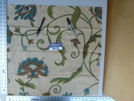 47 Ev11 Scalamandre Showroom Sample Square Pandya Bluejay Taupe Crewel Embroidery Floral Minor Defect