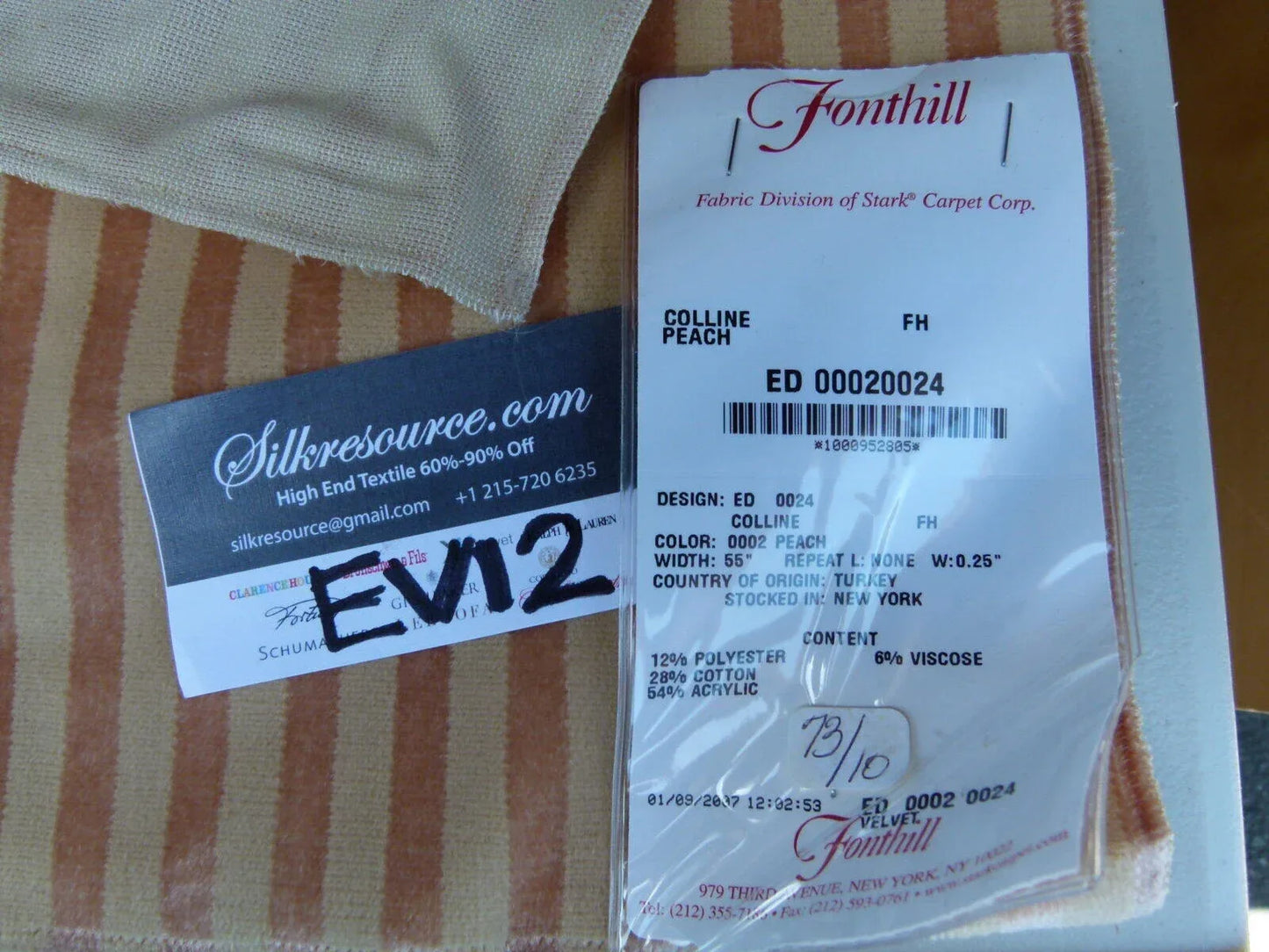 8 Ev12 Scalamandre Showroom Sample Square Colline Peach Beige Velvet Stripe