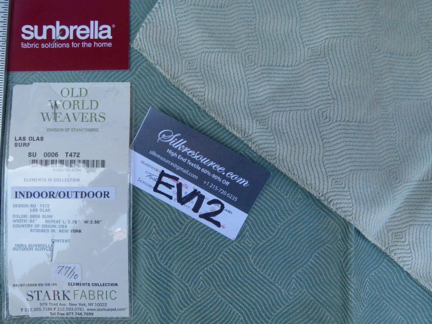 22 Ev12 Scalamandre Showroom Sample Square Las Olas Surf Blue Sunbrella Reversible Geometric Wave Weave