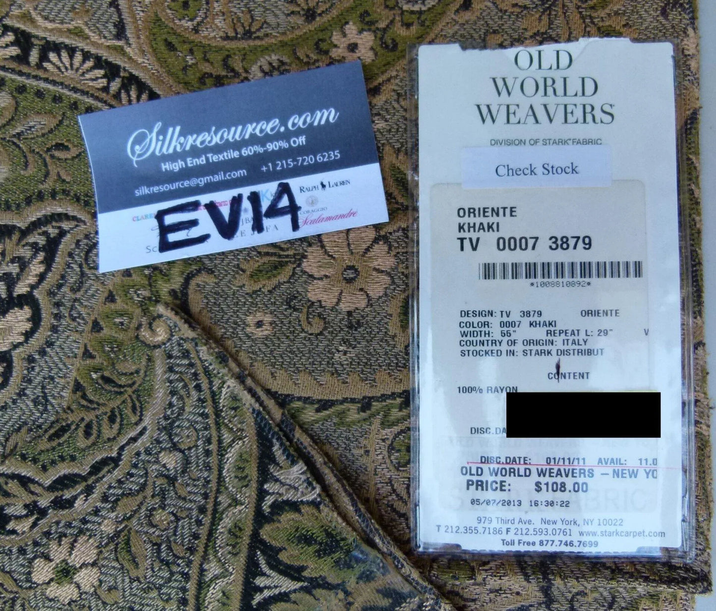 23 Ev14 Scalamandre Sample Square Oriente Khaki