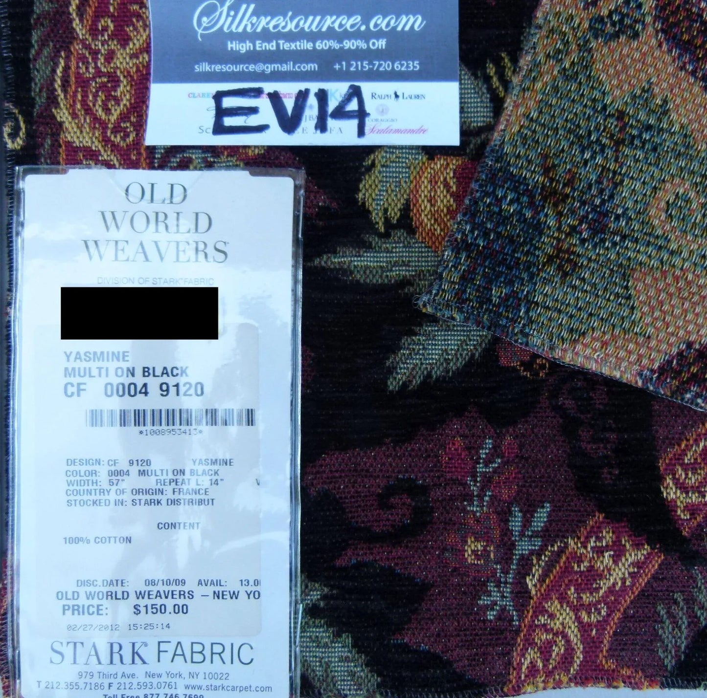 28 Ev14 Scalamandre Sample Square Yasmine Multi On Black