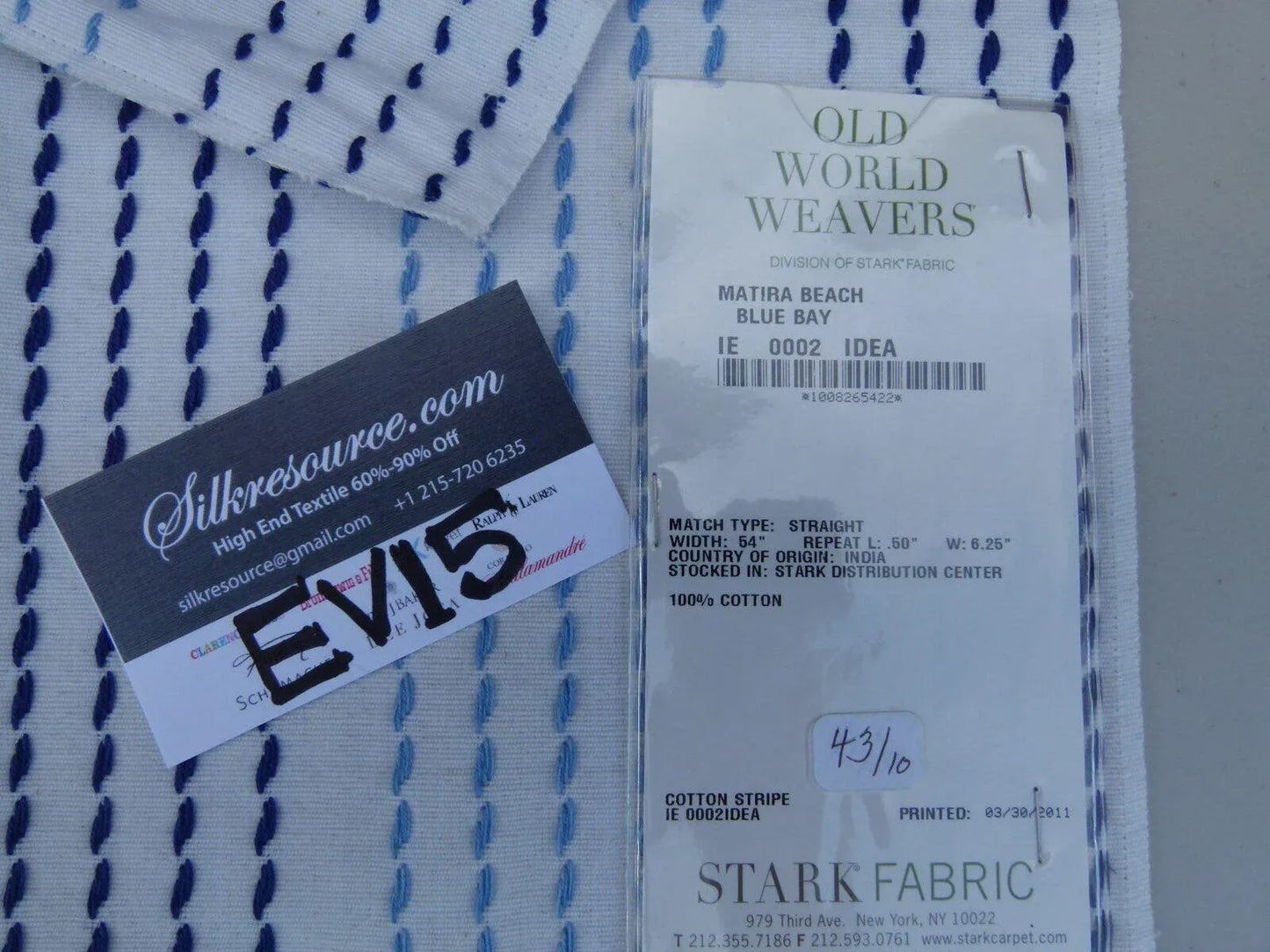 2 Ev15 Scalamandre Showroom Sample Square Matira Beach Blue Bay On White Cotton Embroidery Stripe