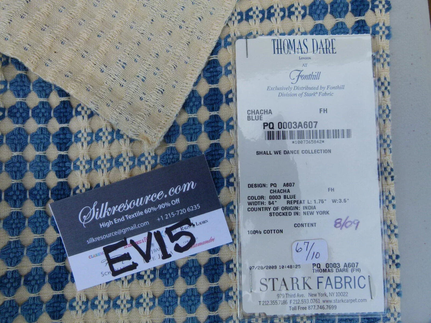 3 Ev15 Scalamandre Showroom Sample Square Chacha Blue Tan Cotton Embroidery Thomas Dare Collection