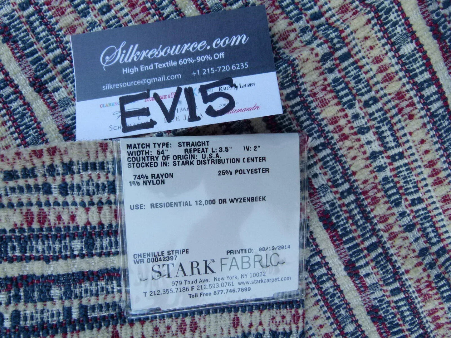 35 Ev15 Scalamandre Showroom Sample Square Sabi Red Blue Cream Chenille Stipe