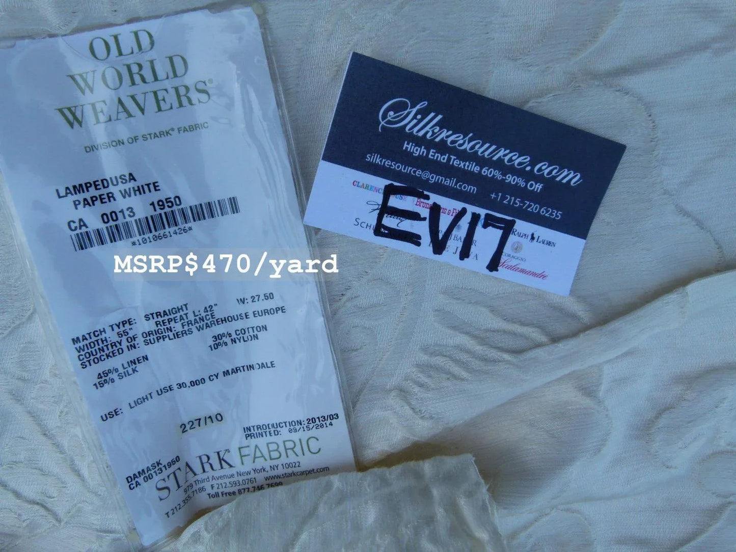 9 Ev17 Scalamandre Sample Square Lampedusa Silk Linen Damask Paper White MSRP USD470/yard