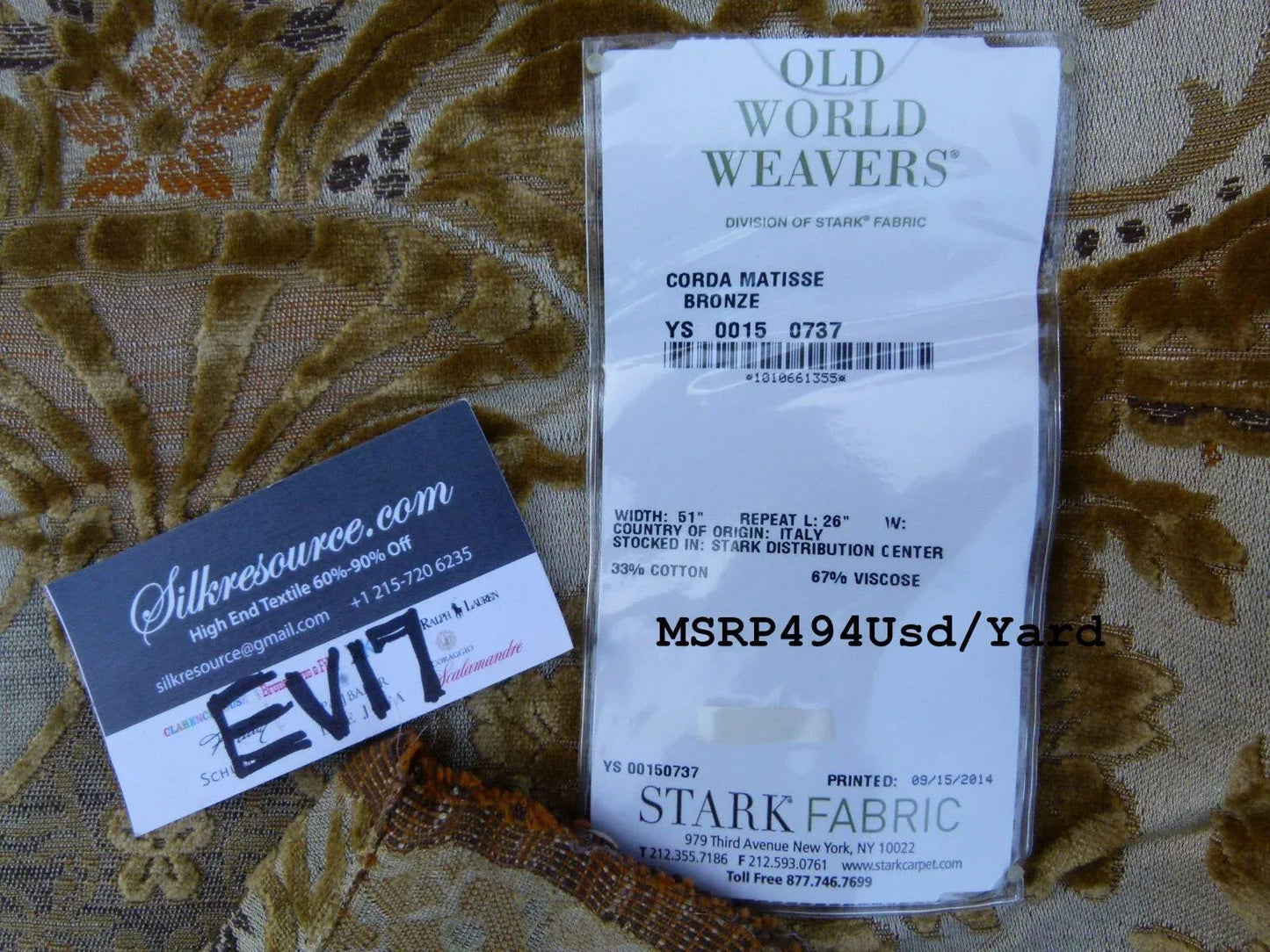 17 Ev17 Scalamandre 1.1y Corda Matisse Bronze Showroom Length Gold Yellow MSRP USD 494/Y