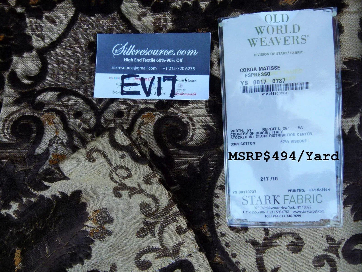 18 Ev17 Scalamandre Sample Square Corda Matisse Espresso Brown Beige 1.1y MSRP USD 494