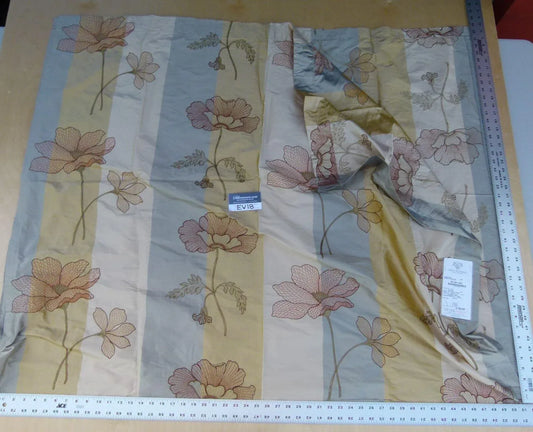3 Ev18 Scalamandre 2.1y Papavero Honey And Pewter Silk Large Poppy Flowers Floral Stripe Embroidered Blue Beige Gold