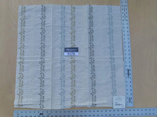 15 Ev18 Scalamandre 26"x26" Tendrils Haze Ivory Tan Blue Linen Embroidered Leaf Dot Stripe