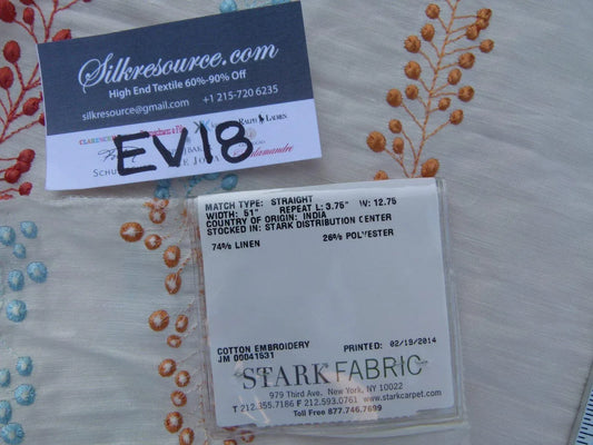 17 Ev18 Scalamandre 26"x26" Tendrils Sunrise Ivory Red Blue Linen Embroidered Leaf Dot Stripe (copy)