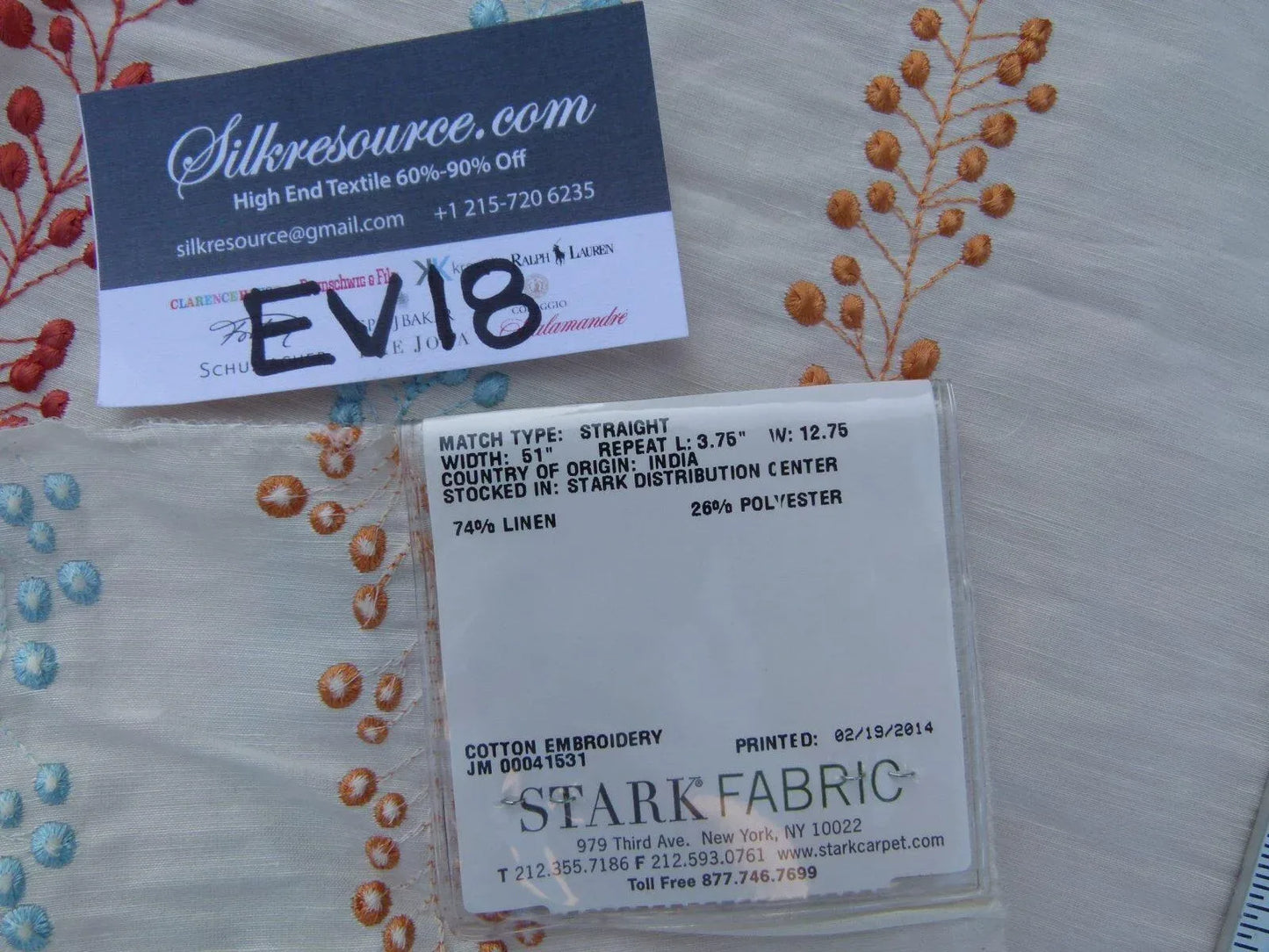 17 Ev18 Scalamandre 26"x26" Tendrils Sunrise Ivory Red Blue Linen Embroidered Leaf Dot Stripe (copy)