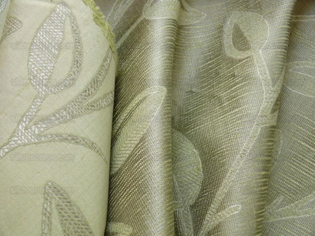 High End Designer Silk & Linen Vine Green & Silver Grey Foliage Heavy!