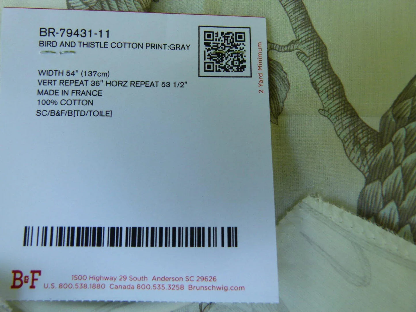 Brunschwig & Fils Bird & Thistle Print Grey - by the yard MSRP USD316/y