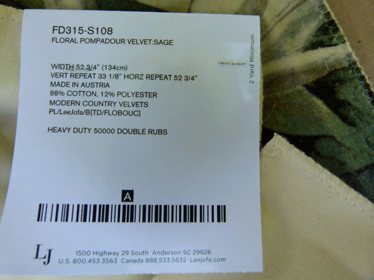 By Yard Lee Jofa Mulberry Home Floral Pompadour Sage Green Velvet Lily Floral MSRP USD 378/Y