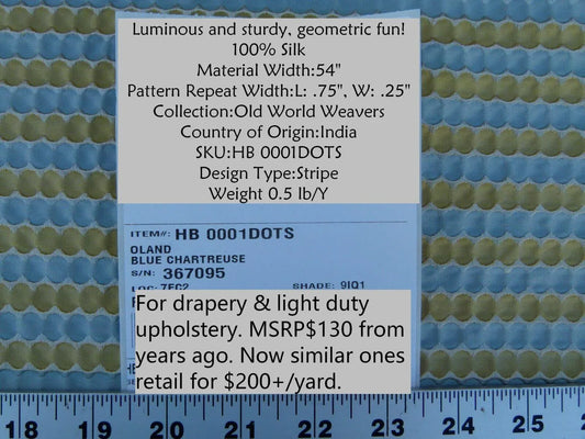 By Yard Scalamandre Oland Blue Chartreuse Fr Old World Weavers Stripe Silk MSRP USD 130/Y