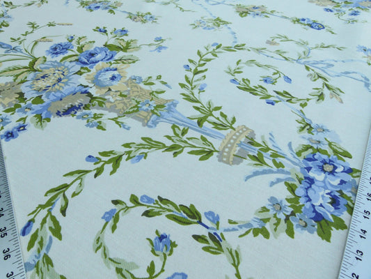 Scalamandre Arabella Print Blues, Golds & Greens Heavy Linen Floral Foliage Neoclassic Scroll Design MSRP USD 400+/Y