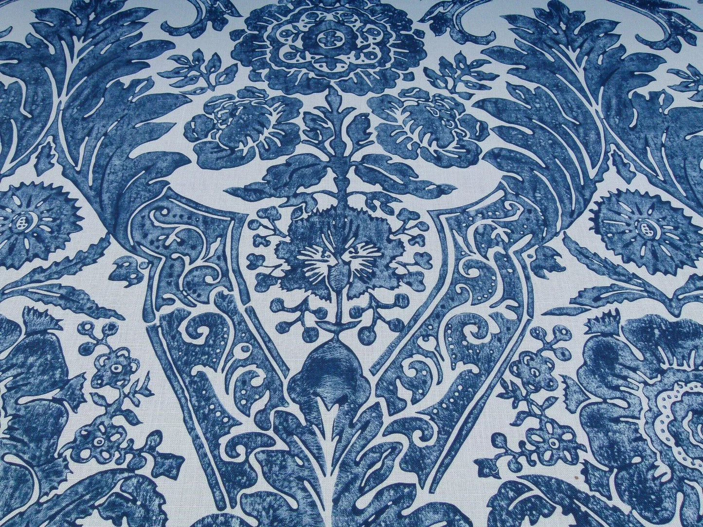 Scalamandre Luciana Damask Linen Print Denim Damask Print Blue White MSRP USD 346