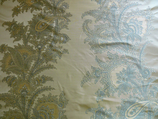 by yard 100% Silk Lampas Magnolia "canal" Blue Gold