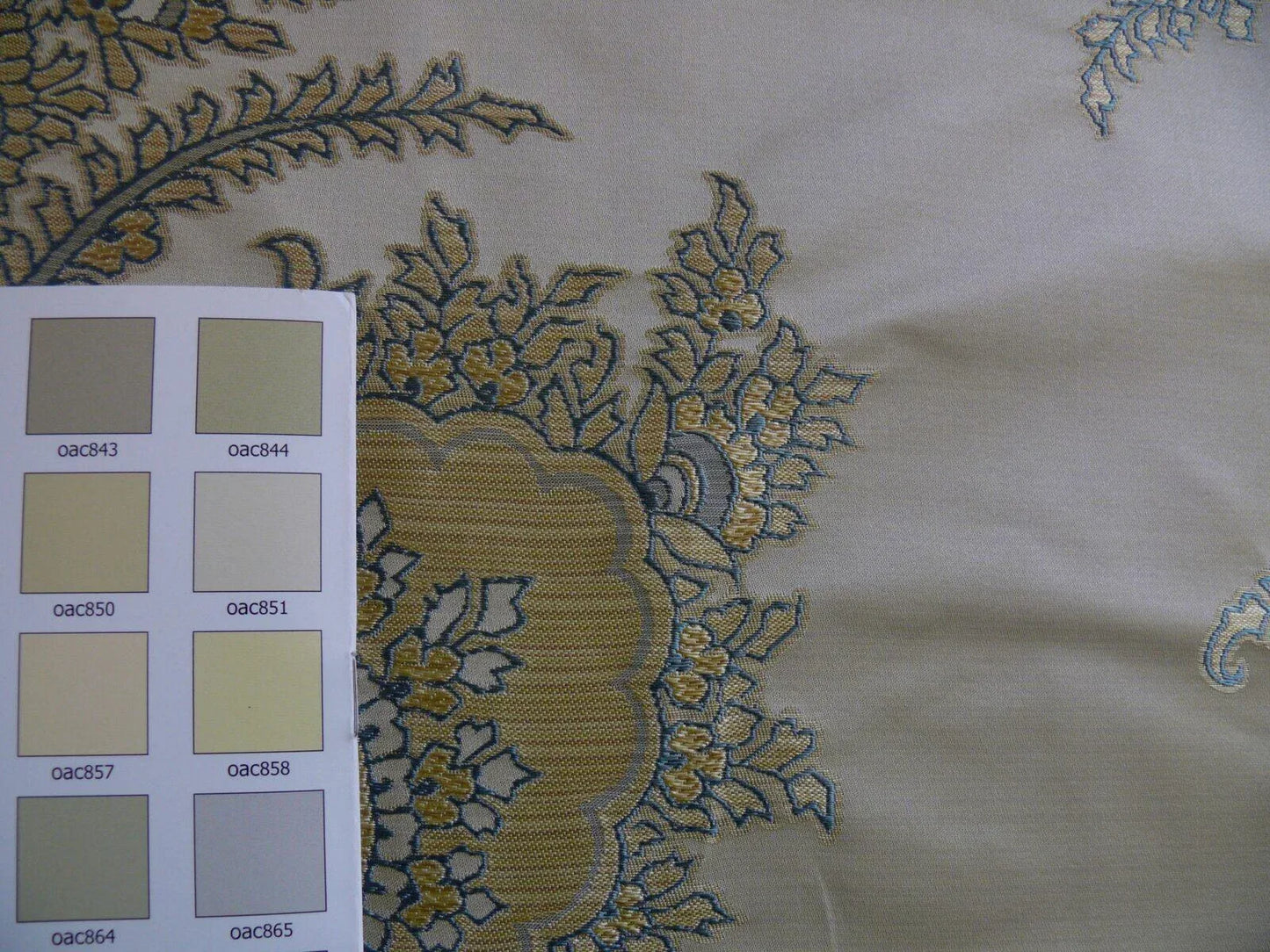 by yard 100% Silk Lampas Magnolia "canal" Blue Gold