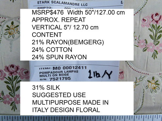 Scalamandre Pompadour Silk Lampas Multi On Beige Floral Pink Green Mustard Pearl French Court MSRP USD 476