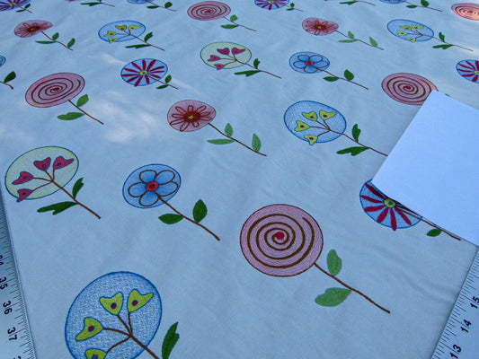 0.94Y Scalamandre Fancy Work Blue/coral On White Modern Flower Power Embroidery MSRP USD 200/yard