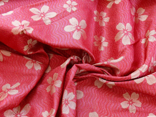 By Yard 100% Silk Damask Cherry Blossom on Creek “Crimson” Red White Light Gold Japanese Kimono