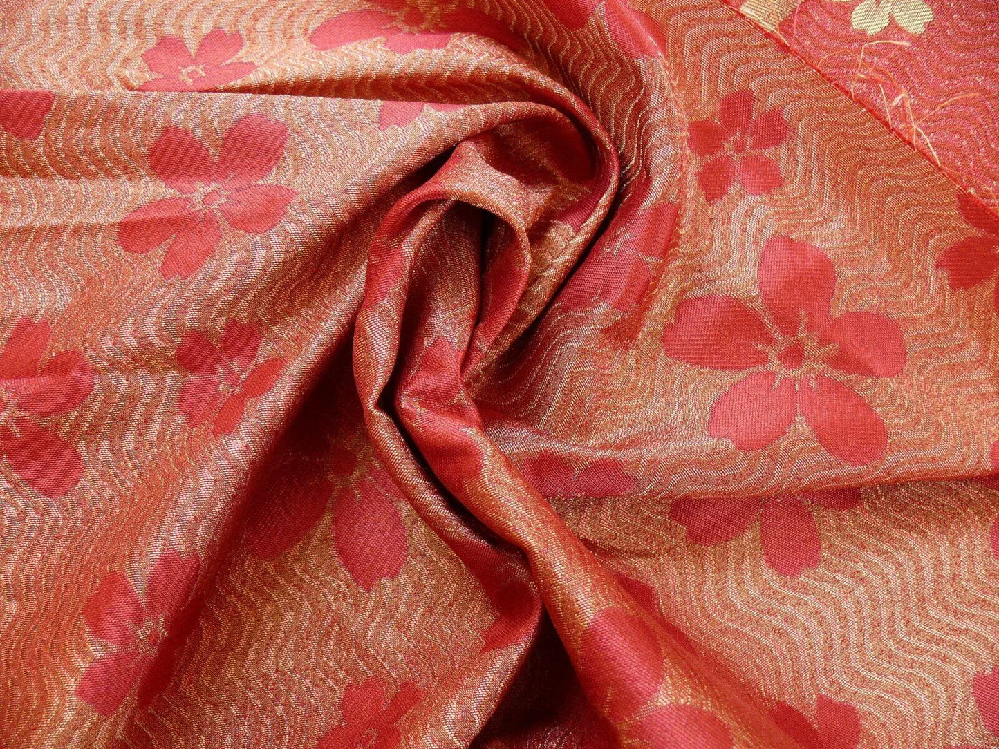 By Yard 100% Silk Damask Cherry Blossom on Creek “Crimson” Red White Light Gold Japanese Kimono