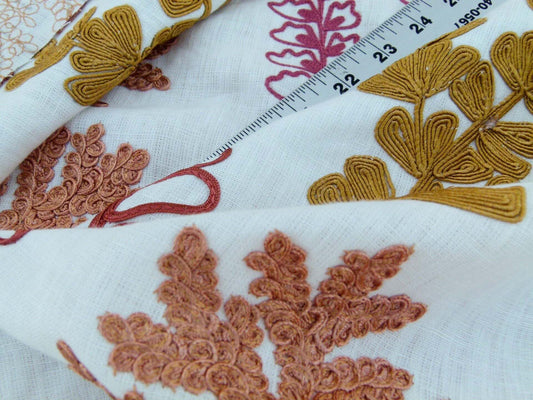 Scalamandre Harbor Coral Seaweeds White Brown Pink Yellow Maroon Ocean Plants Coral Reef Embroidery Linen MSRP USD 288