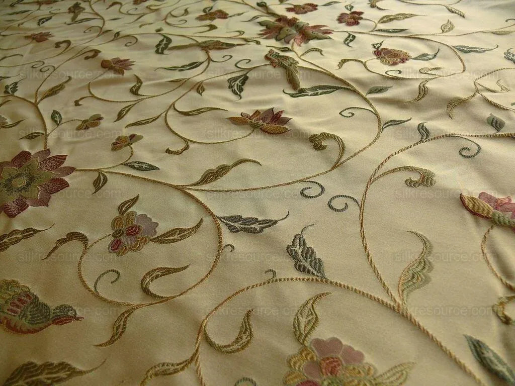 by yard 100%silk Lampas Satin Love Bird Curry Lite Gold