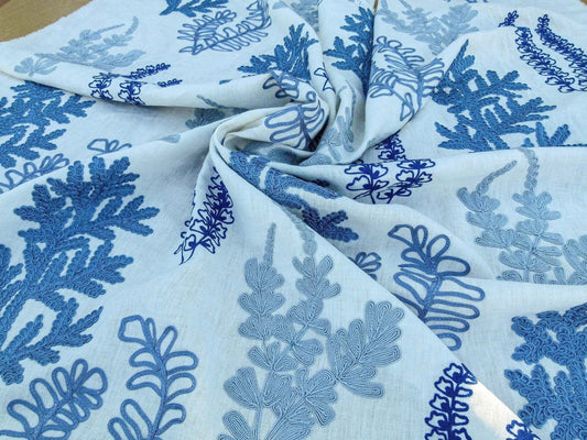 Scalamandre Harbor Blue Seaweeds Ocean Plants Coral Reef Embroidery Linen MSRP USD 288