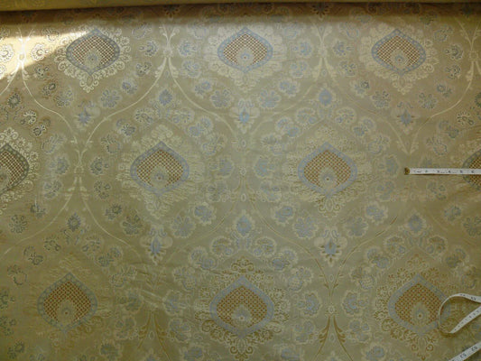 By Yd 100%silk Lampas Renaissance Medallion of Flora Moonscape Cream White Silver Icy Blue