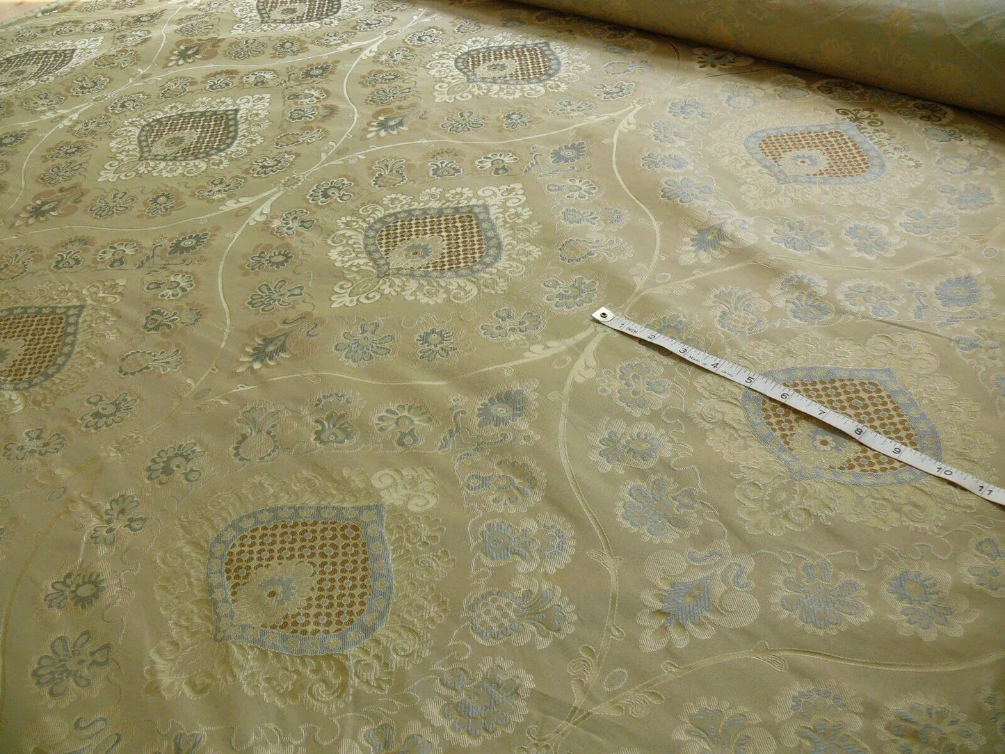 By Yd 100%silk Lampas Renaissance Medallion of Flora Moonscape Cream White Silver Icy Blue