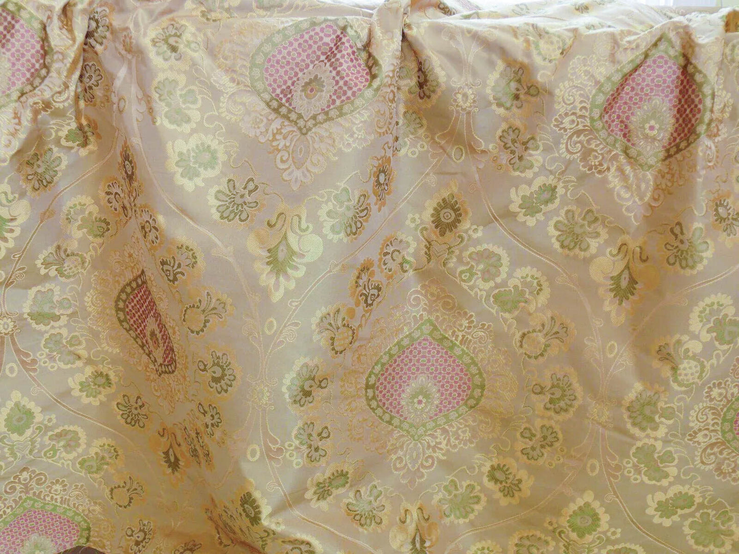 By Yd 100%silk Lampas Renaissance Medallion of Flora Ambrosia Green Pink Tan