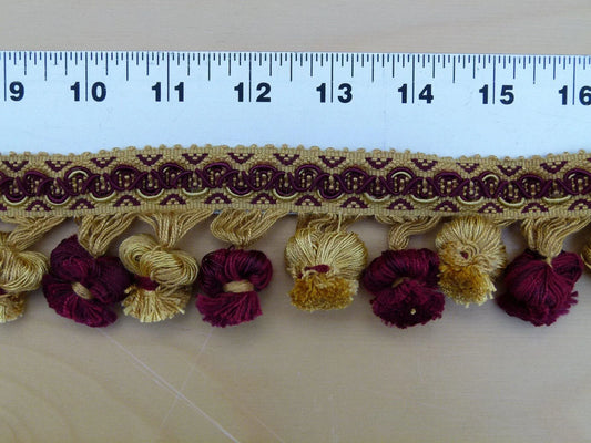 By Yard Italian Tassel Pompom Trim Burgundy Red & Antique Gold 100% Viscose MSRP USD 68/yard