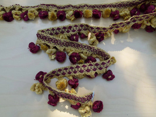 By Yard Italian Tassel Pompom Trim Burgundy Red & Antique Gold 100% Viscose MSRP USD 68/yard
