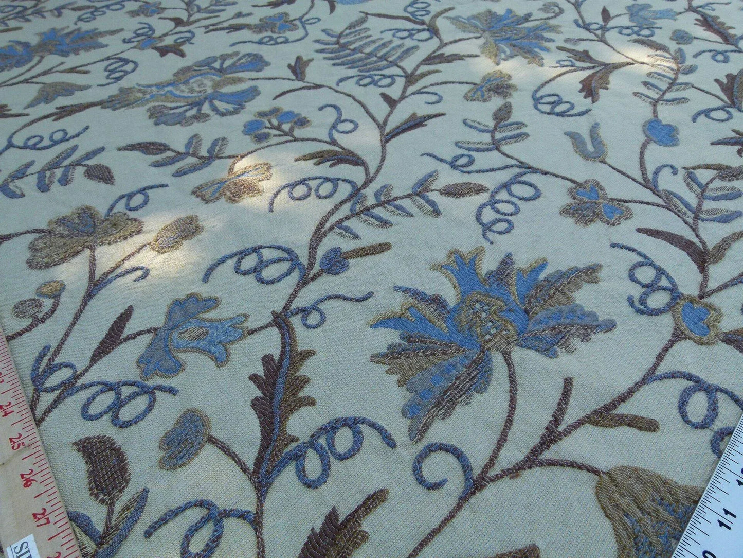 By Yard Kravet Hand Crafted Horizon Floral Vine Blue Brown On Beige Faux Crewel MSRP USD 195/y