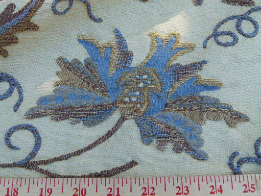 By Yard Kravet Hand Crafted Horizon Floral Vine Blue Brown On Beige Faux Crewel MSRP USD 195/y
