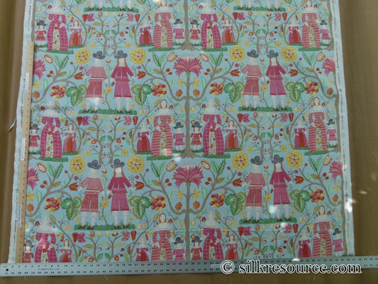 Scalamandre Life On The Hill Linen Print Cranberry Pink On Light Blue MSRP USD 159/yard