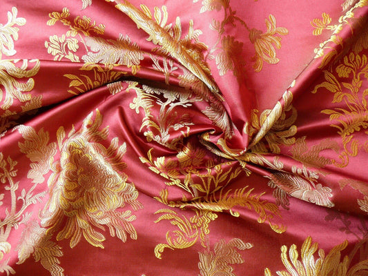 by yard 100% Silk Lampas Realistic Stemmed Chrysanthemums “Paprika” Red