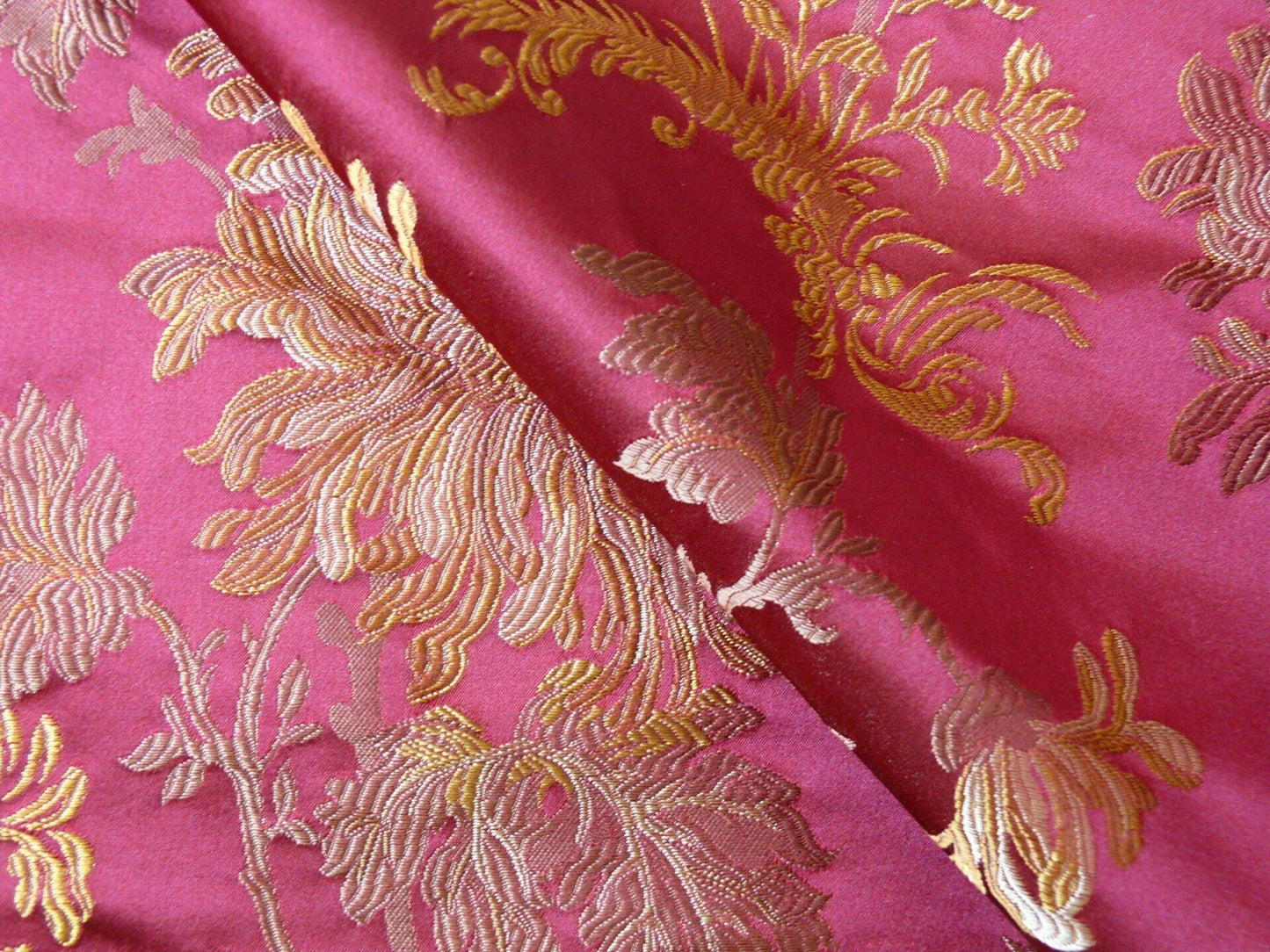 by yard 100% Silk Lampas Realistic Stemmed Chrysanthemums “Paprika” Red