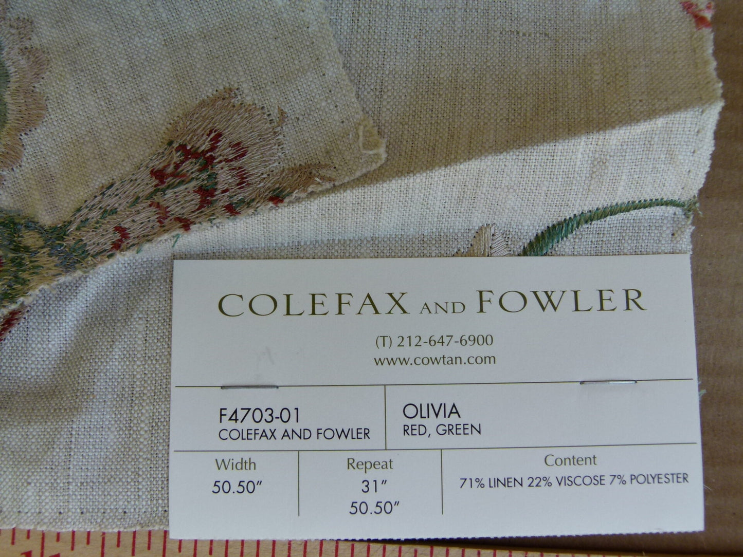 Colefax and Fowler Olivia Red Green Embroidery Red Bird Flower Tree Foliage on White MSRP USD400/y