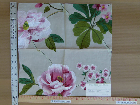 Manuel Canovas Paris Talmont Rose Embroidery Pink Green White on Beige Botanical Foliage MSRP USD364/y