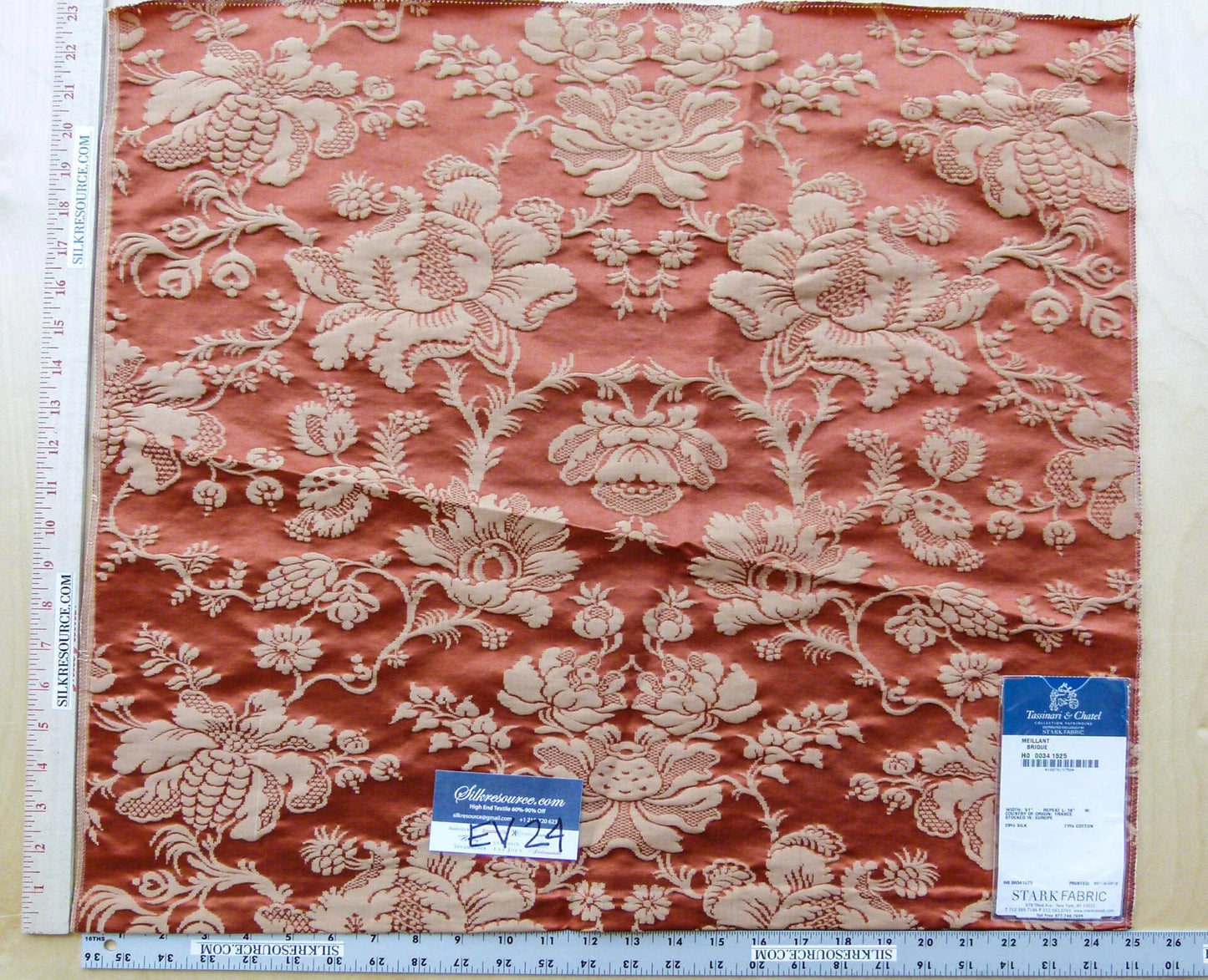 1 EV24 23"x25" Tassinari & Chatel MEILLIANT BRIQUE Silk Cotton Red Damask Historic Botanical
