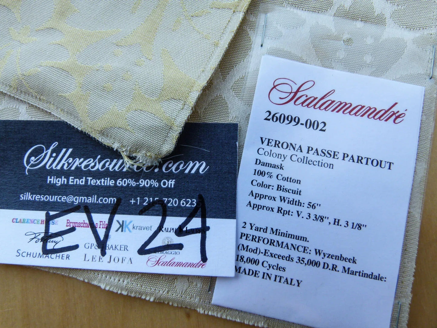 26 EV24 27"x27" Square Scalamandre VERONA PASSE PARTOUT Biscuit Damask 100% Cotton Beige