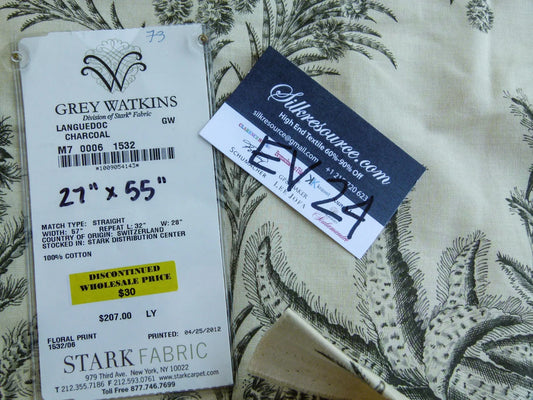 31 EV24 27"x55" Scalamandre LANGUEDOC CHARCOAL Black Floral hand Print Toile