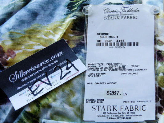 34 EV24 1.2 yard x52" Scalamandre christian fischbacher OEUVRE BLUE MULTI Floral Print Abstract Linen MSRP USD554/Y